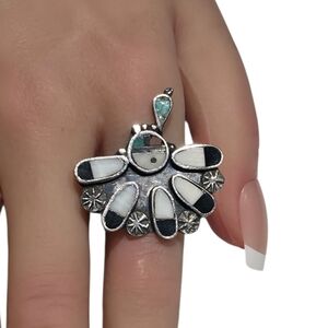 Vintage Zuni Style Thunderbird Inlay Ring Turquoise Shell Jet Spiny Oyster Unmar